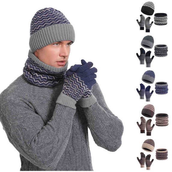 YTCAMLO 3 PC Mens Beanies Winter Color-Block Striped Fleece Lining Knit Hat Thick Warm Round Scarf Gloves Set Top Activities Skiing Winter Gifts