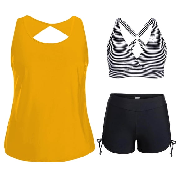YTCAMLO 3 Piece Tankinis Swimsuits for Women Casual Plus Size Tummy Control Bathing Suits Striped Printed Swim Tank Top with Boyshorts 2026, Yellow XXL