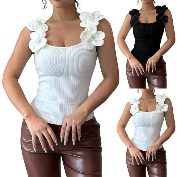 YTCAMLO 3D Floral Womens Camisole Tops Dressy Ribbed Sleeveless Crew Neck Undershirts Stretchy Breathable Summer Going Out Tops