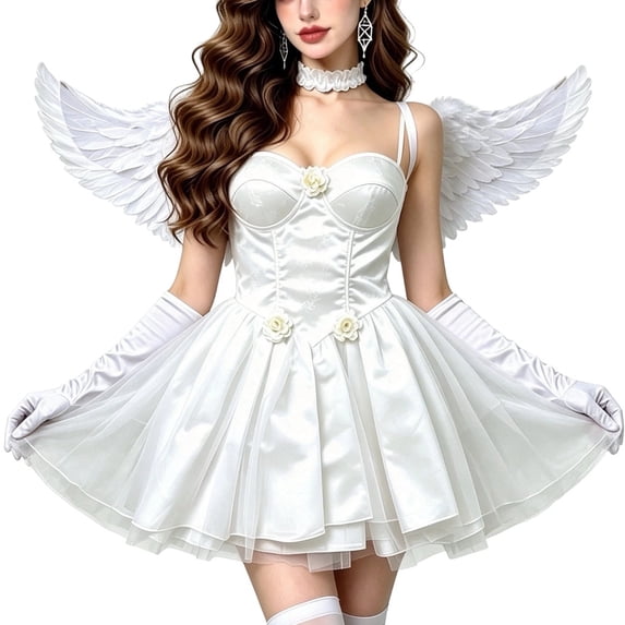 YTCAMLO 5PC Womens Angel Costume, Fashion Mini Dress with Back Ornament necklace gloves Headwear, Halloween Costumes for Party