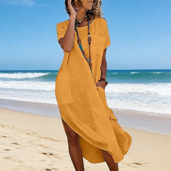 YTCAMLO A Line Sundresses for Women Casual Short Sleeve Long Dress Baggy Sleeveless Maxi Dress with Pockets Flowy Travel Vacation Clothes, Yellow L