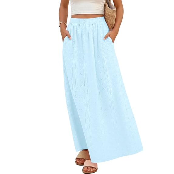 YTCAMLO A Line Womens Tiered Skirts Summer Casual Long Skirts Elastic Waist Pleated Skirts with Pockets Lightweight Eyelet Maxi Skirt, Light Blue L