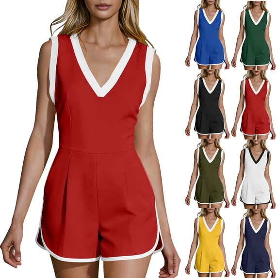 YTCAMLO Athletic Rompers for Women Summer Baggy Sleeveless V Neck High Waisted Workout Jumpsuits Backless Quick Dry Gym Yoga Clothes, Red S