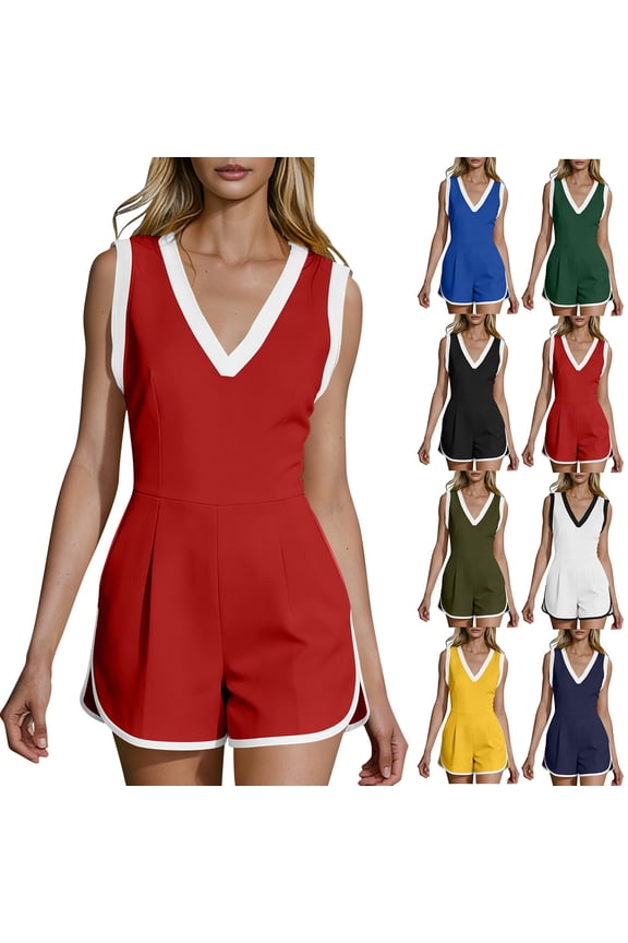 Athletic Rompers for Women Summer Baggy Sleeveless V Neck High Waisted Workout Jumpsuits Backless Quick Dry Gym Yoga Clothes, Red S
