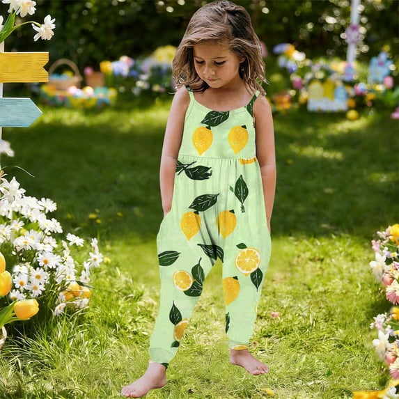 YTCAMLO Baby Girls Cute Jumpsuit Casual Printed One Piece Romper Pants with Pockets Loose Fit Playsuit Breathable Summer Outfits, Green 2-3 Years