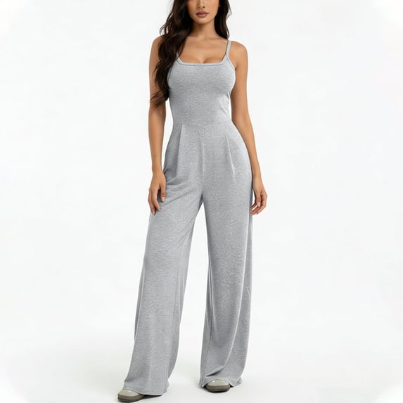 YTCAMLO Backless Jumpsuits for Women Casual Square Neck Spaghetti Strap Overalls High Waisted Wide Leg One Piece Summer Outfits