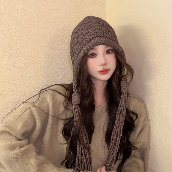YTCAMLO Beanie Hat for Women Winter Windproof Hand Knit Hat Peruvian Cover Ears Hat Winter Outdoor Warmth Snow Hat with Cute Tassels