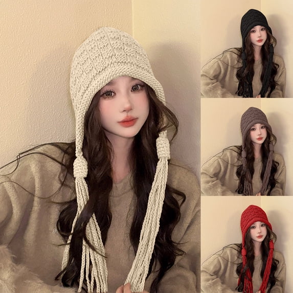 YTCAMLO Beanie Hat for Women Winter Windproof Hand Knit Hat Peruvian Cover Ears Hat Winter Outdoor Warmth Snow Hat with Cute Tassels