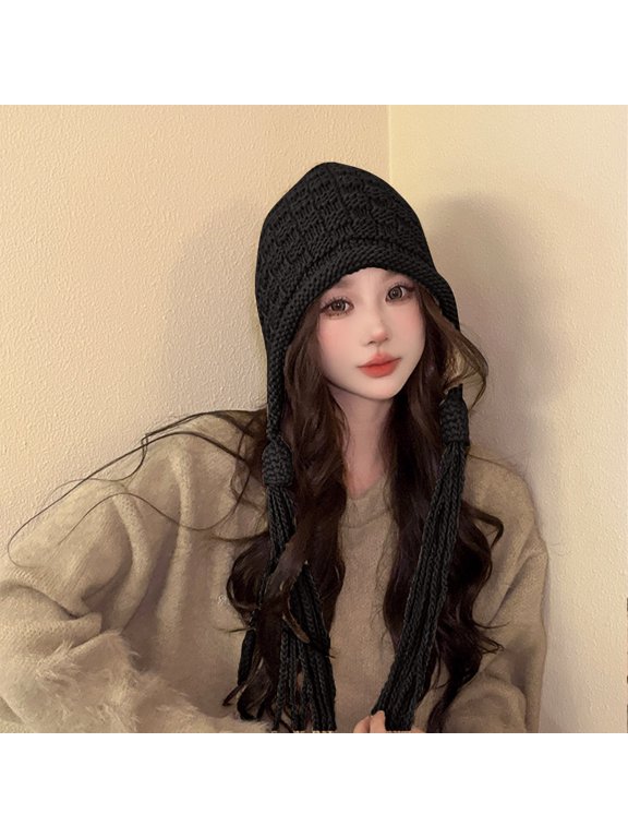 Beanie Hat for Women Winter Windproof Hand Knit Hat Peruvian Cover Ears Hat Winter Outdoor Warmth Snow Hat with Cute Tassels