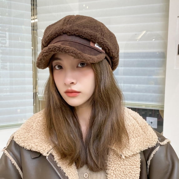 YTCAMLO Beret Hats for Women Winter Newsboy Cap with Leather Brim Soft Warmth Vintage Fuzzy Visor Duckbill Hat Painter Artist Hat