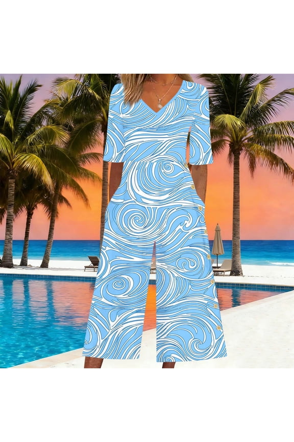 Boho Jumpsuits for Women Summer Casual V Neck Short Sleeve Rompers with Pockets Loose Fit Floral Printing Bodysuit, Blue S