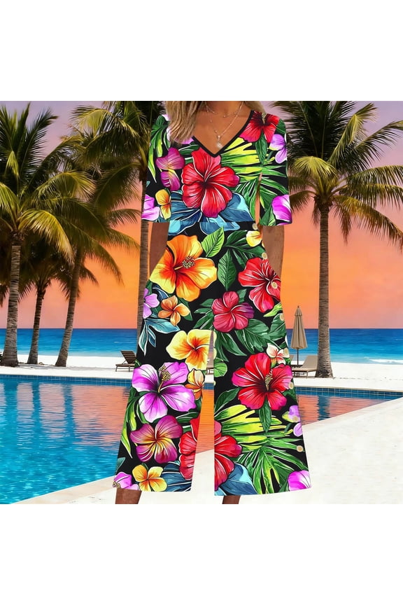 Boho Jumpsuits for Women Summer Casual V Neck Short Sleeve Rompers with Pockets Loose Fit Floral Printing Bodysuit, Green S