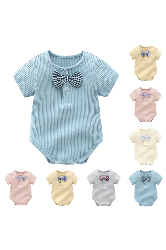Boys Girls Bodysuits with Snaps Summer Ribbed Henley Short Sleeve Onsies with Plaid Bow Tie Romper Kids Clothes