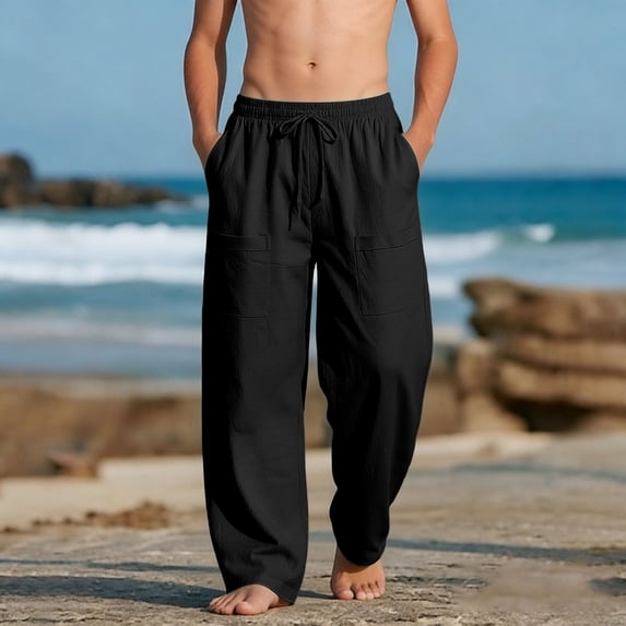 YTCAMLO Boys and Girls Beach Pants Classic Pull on Relaxed Fit Summer Pants with Pockets Lightweight Breathable Cotton Trousers, Black 4-5 Years