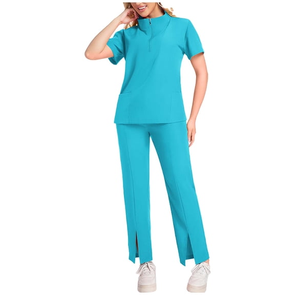 YTCAMLO Breathable Womens Baggy Scrub Sets Plus Size Zip Mock Neck Top Front Split Pants Nursing Uniform Medical Scrubs Workwear