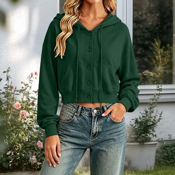 YTCAMLO Button Down Cropped Hoodies for Women Athletic Long Sleeve Sweatshirts with Kangaroo Pocket Drawstring Casual Fall Jackets