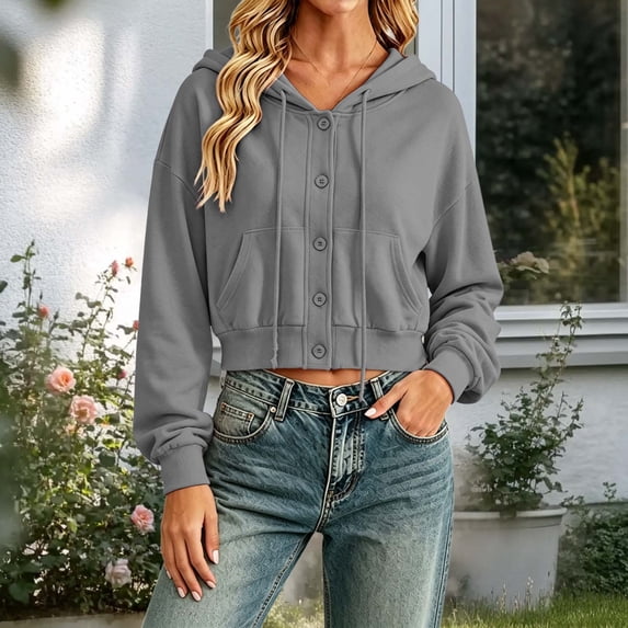 YTCAMLO Button Down Cropped Hoodies for Women Athletic Long Sleeve Sweatshirts with Kangaroo Pocket Drawstring Casual Fall Jackets