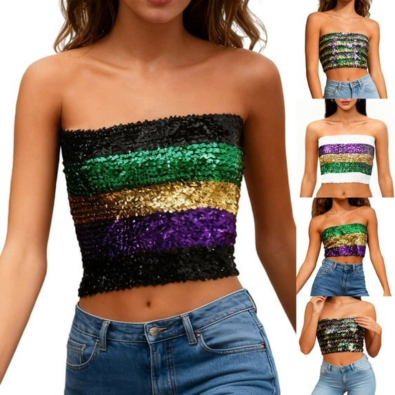 YTCAMLO Carnival Tube Tops for Women Trendy Sparkly Sequin Camisole Dressy Stretch Crop Tops Party Metallic Vest Clubwear, Purple