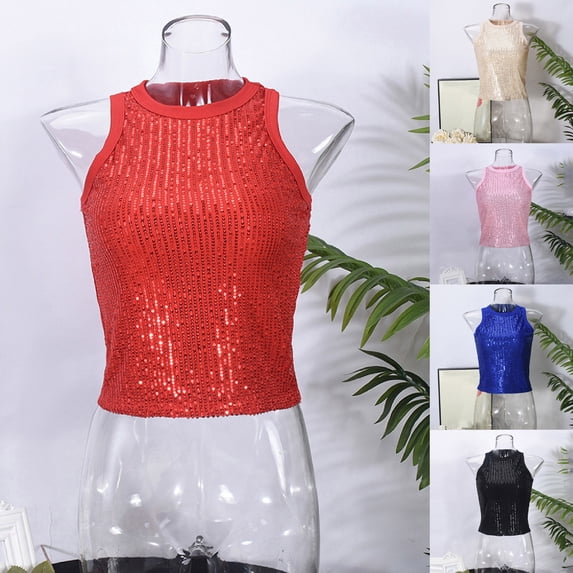 YTCAMLO Carnival Womens Tank Tops Casual Fashion Crewneck Blouses Glitter Sequin Crop Tops Sleeveless Going Out T Shirts Cami Outfits, Black M