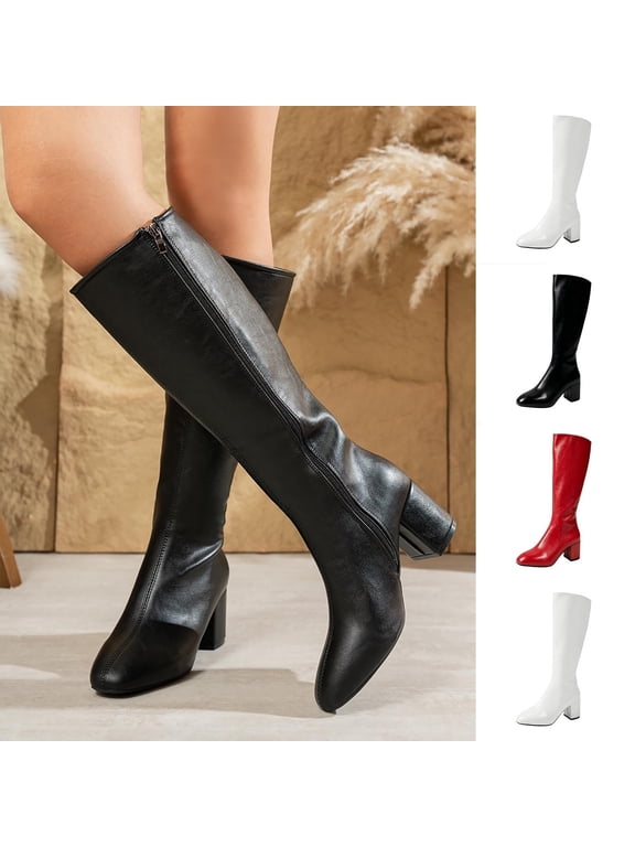 Chunky Heel Women's Knee High Boots Trendy Pointed Toe Low Block Heel Zip Dress Boots Faux Leather Fall Winter Tall Boots