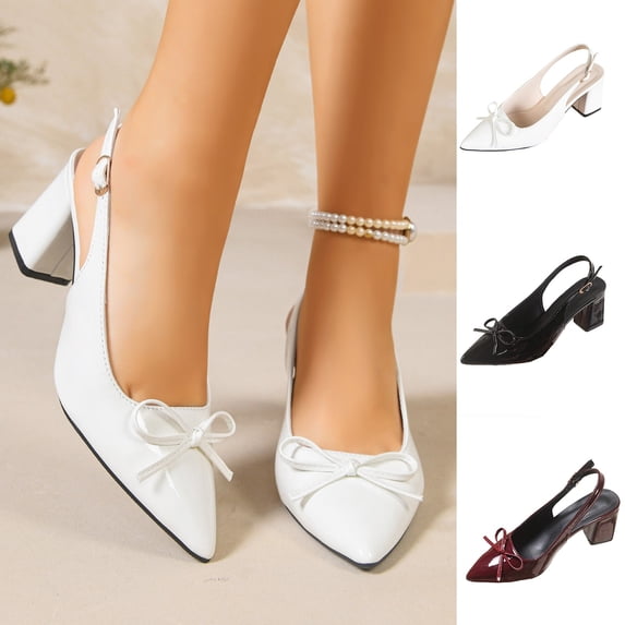 YTCAMLO Chunky Slingback Heels for Women, Fashion Pointed Toe Bow Tie Block Heel Pumps, Office Wedding Party Dress Shoes