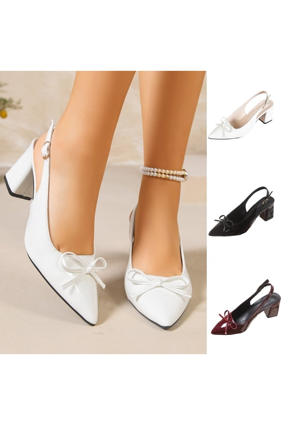 Chunky Slingback Heels for Women, Fashion Pointed Toe Bow Tie Block Heel Pumps, Office Wedding Party Dress Shoes