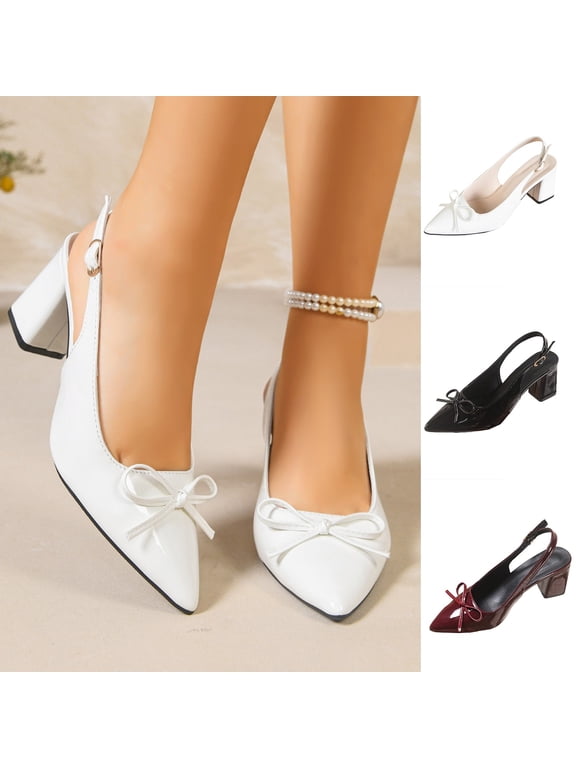 Chunky Slingback Heels for Women, Fashion Pointed Toe Bow Tie Block Heel Pumps, Office Wedding Party Dress Shoes