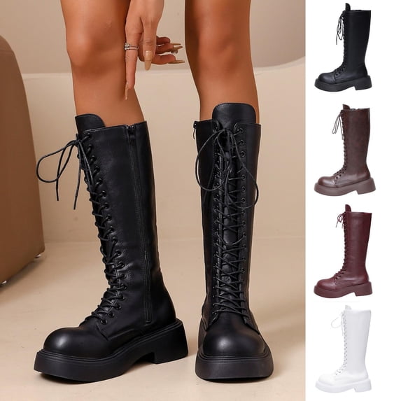 YTCAMLO Chunky Sole Women's Knee-High Boots Fashion Lace Up Mid Calf Boots with Side Zipper Round Toe Walking Motorcycle Boots
