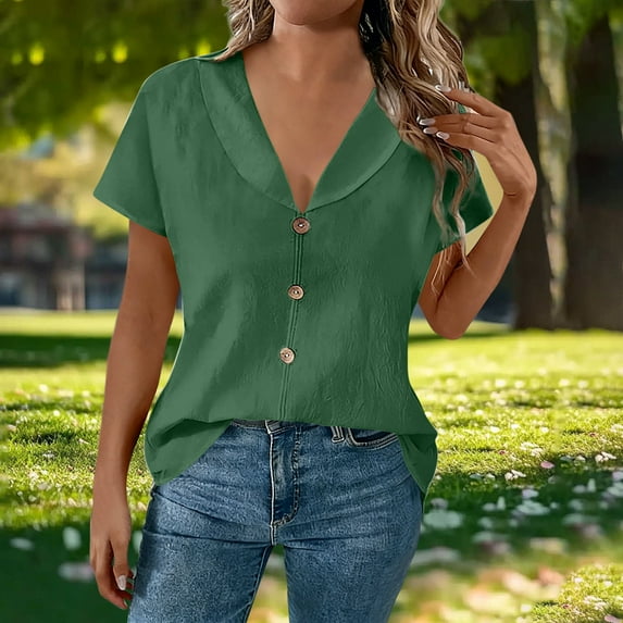 YTCAMLO Collared V Neck Womens Cotton Linen Blouses Casual Solid Short Sleeve Shirts Lightweight Button Business Tunic Tops, Army Green S