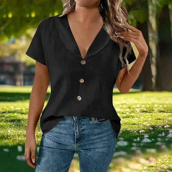 YTCAMLO Collared V Neck Womens Cotton Linen Blouses Casual Solid Short Sleeve Shirts Lightweight Button Business Tunic Tops, Black M