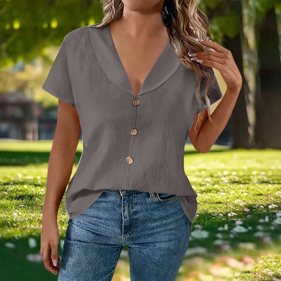 YTCAMLO Collared V Neck Womens Cotton Linen Blouses Casual Solid Short Sleeve Shirts Lightweight Button Business Tunic Tops, Gray XL