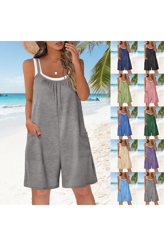 Cotton Overalls for Women Beach Boho Casual Ruched Crew Neck Baggy Shorts Rompers with Pockets Stretchy One Piece Jumpsuits, Gray S
