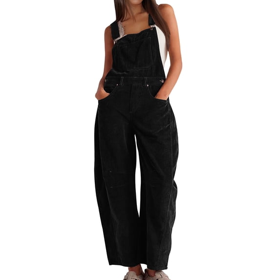 YTCAMLO Cotton Ribbed Overalls for Women, Casual Adjustable Straps Summer Cargo Rompers with Pockets, Loose Wide Leg One Piece Jumpsuits