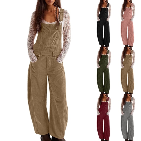YTCAMLO Cotton Ribbed Overalls for Women, Casual Adjustable Straps Summer Cargo Rompers with Pockets, Loose Wide Leg One Piece Jumpsuits