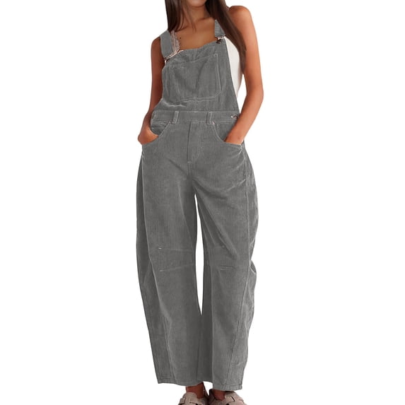 YTCAMLO Cotton Ribbed Overalls for Women, Casual Adjustable Straps Summer Cargo Rompers with Pockets, Loose Wide Leg One Piece Jumpsuits