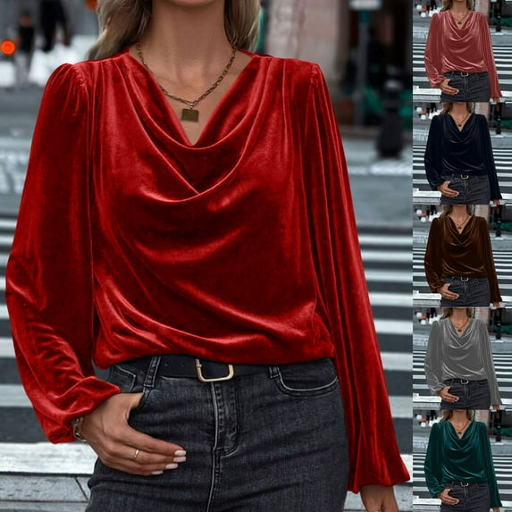 YTCAMLO Cowl Neck Velvet Tops for Women Casual Puff Long Sleeve Shirts Oversized Blouses Vintage Ruched Christmas Pullover Tops, Red XXXL