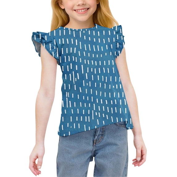 YTCAMLO Cute Girls Summer Shirts Fashion Printed Crew Neck Chiffon Blouses Flutter Tops Ruffle Sleeve Lightweight Flowy Casual Tees, Blue2 12-13 Years