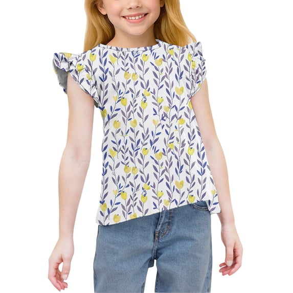 YTCAMLO Cute Girls Summer Shirts Fashion Printed Crew Neck Chiffon Blouses Flutter Tops Ruffle Sleeve Lightweight Flowy Casual Tees, Yellow3 3-4 Years