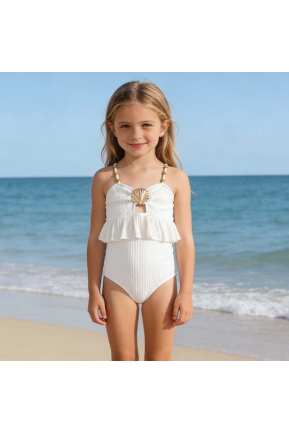 Cute Shell Bathing Suits for Little Girls Fashion Ruffled Swimwear with Beaded Straps One Piece Swimsuit for Summer Beach Parties, Beige 4-5 Years