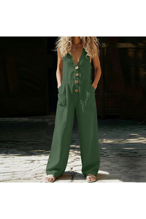 Deep V Neck Jumpsuits for Women Casual Vacation Sleeveless Button Down Overalls with Pockets Baggy Wide Leg Rompers