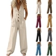 thumbnail image 1 of YTCAMLO Deep V Neck Jumpsuits for Women Casual Vacation Sleeveless Button Down Overalls with Pockets Baggy Wide Leg Rompers, 1 of 6