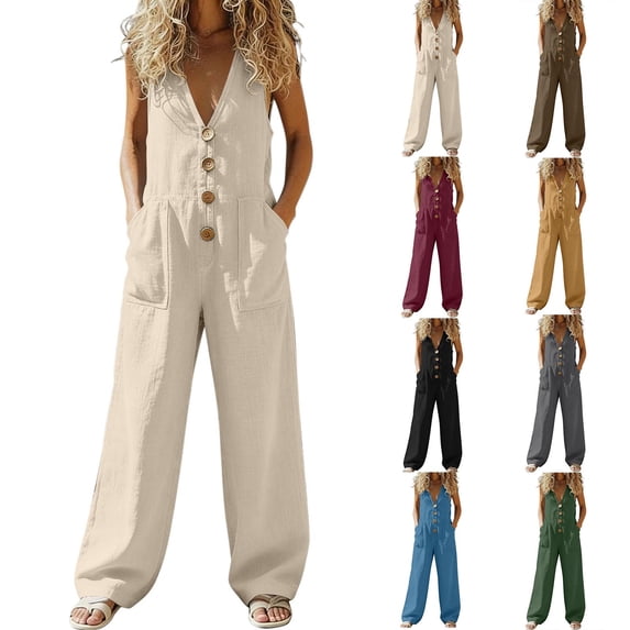 YTCAMLO Deep V Neck Jumpsuits for Women Casual Vacation Sleeveless Button Down Overalls with Pockets Baggy Wide Leg Rompers