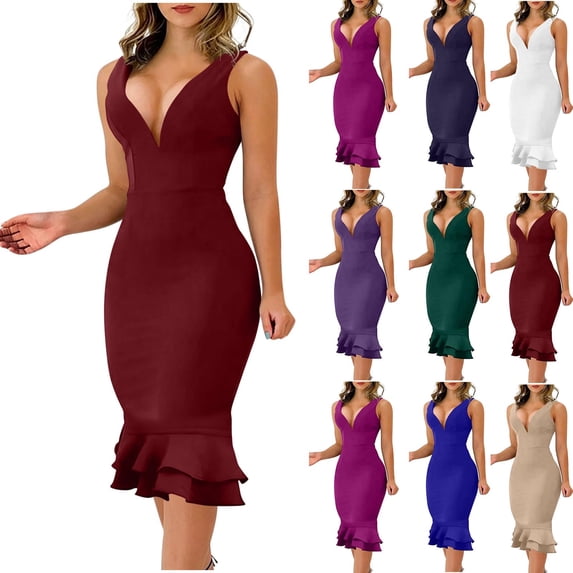 YTCAMLO Deep V Neck Midi Dresses for Women Formal Sleeveless Fishtail Bodycon Dress Mermaid Dress Ruffle Cocktail Party Dress