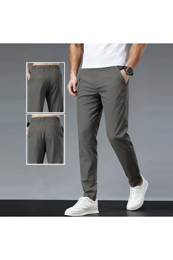 Flat Front Chino Pants for Men Plus Size Classic Fit Lounge Pants Straight Leg Work Pants Lightweight Stretchy Travel Pants, Gray M