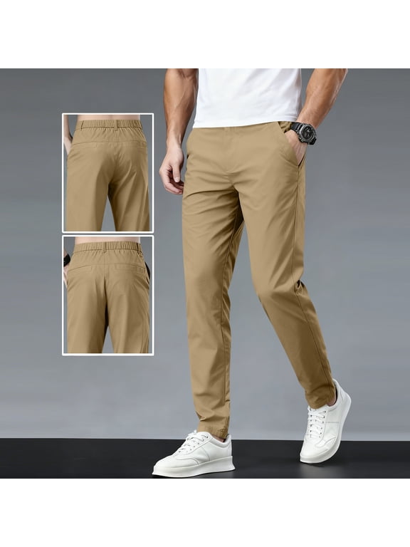 Flat Front Chino Pants for Men Plus Size Classic Fit Lounge Pants Straight Leg Work Pants Lightweight Stretchy Travel Pants, Khaki M
