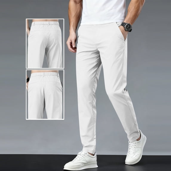 YTCAMLO Flat Front Chino Pants for Men Plus Size Classic Fit Lounge Pants Straight Leg Work Pants Lightweight Stretchy Travel Pants, White S