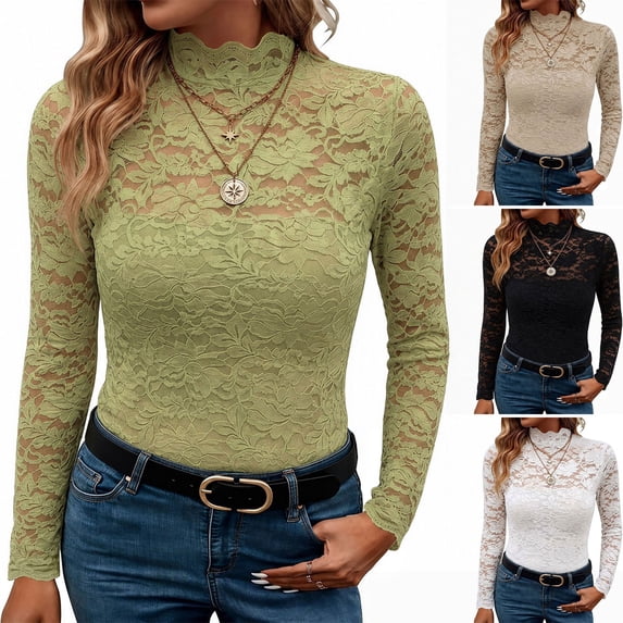Lolmot Floral Lace Long Sleeve Shirts for Women, Plus Size Sheer Mesh Blouse for Club Party, See Through Fall Fashion Clothes