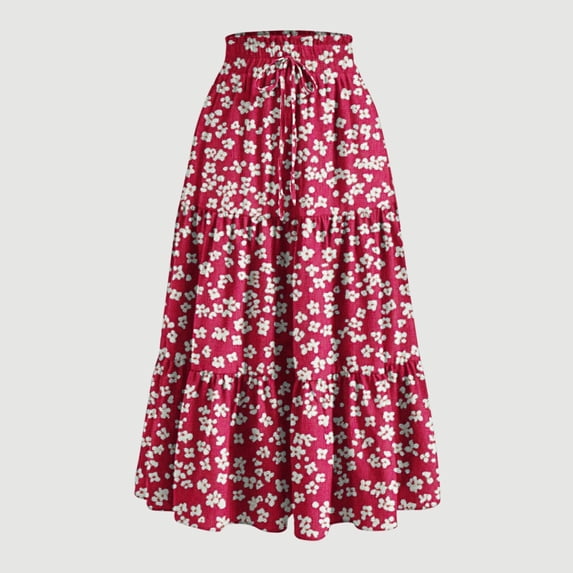 YTCAMLO Floral Printed Womens Chiffon Long Skirt Casual A-Line Skirt Elastic High Waist Beach Skirt Elegant Tiered Ruffled Maxi Skirt, Red M