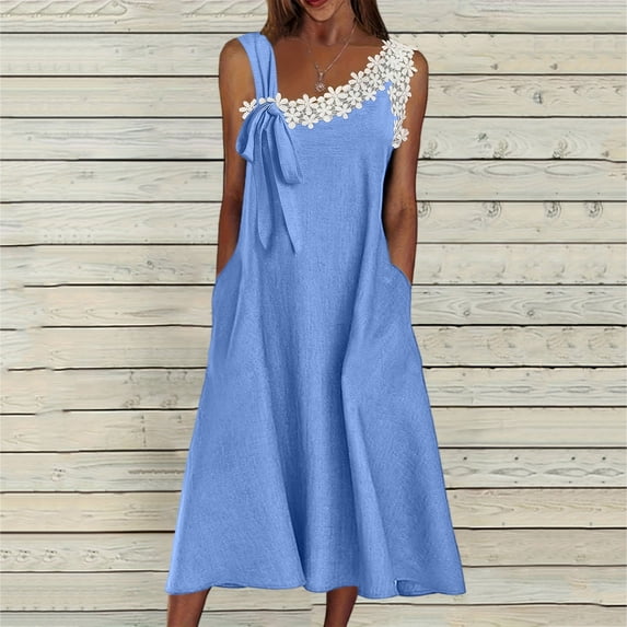YTCAMLO Floral V Neck Womens Linen Dresses Casual Sleeveless Beach Sundress A Line Summer Dress with Pockets Lightweight Flowy Long Dress, Blue L