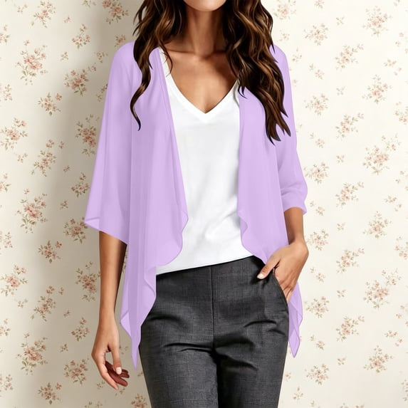 YTCAMLO Flowy Sheer Shrugs for Women Summer Beach 3/4 Sleeve Cardigan Lightweight Ruffles Shawls Wraps Open Front Jacket